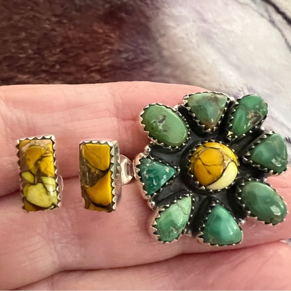 ❤️ Emerald Valley Turquoise Honey Dahlia Ring & Earring Set 925 Handmade - Picture 15 of 17